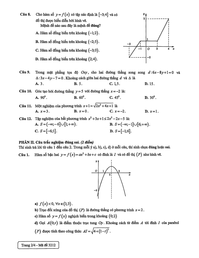 Đề thi Giữa kì 2 Toán 10 trường THPT Việt Đức (Hà Nội) năm 2025-2026