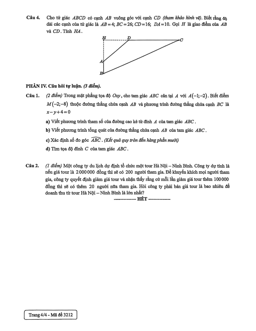 Đề thi Giữa kì 2 Toán 10 trường THPT Việt Đức (Hà Nội) năm 2025-2026