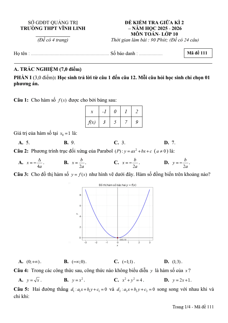 Đề thi Giữa kì 2 Toán 10 trường THPT Vĩnh Linh (Quảng Trị) năm 2025-2026