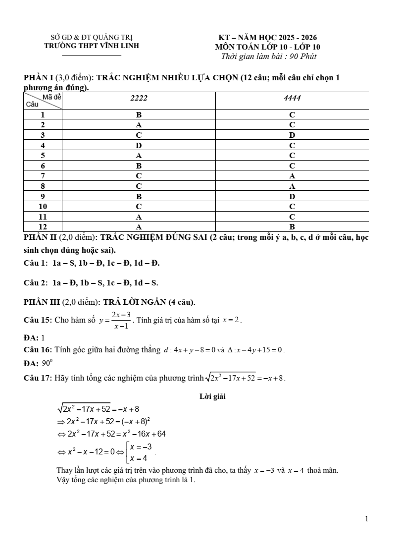 Đề thi Giữa kì 2 Toán 10 trường THPT Vĩnh Linh (Quảng Trị) năm 2025-2026