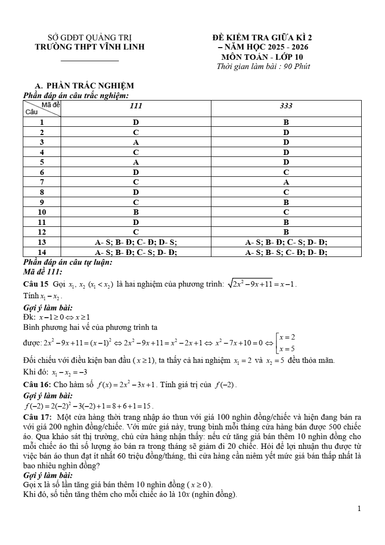 Đề thi Giữa kì 2 Toán 10 trường THPT Vĩnh Linh (Quảng Trị) năm 2025-2026