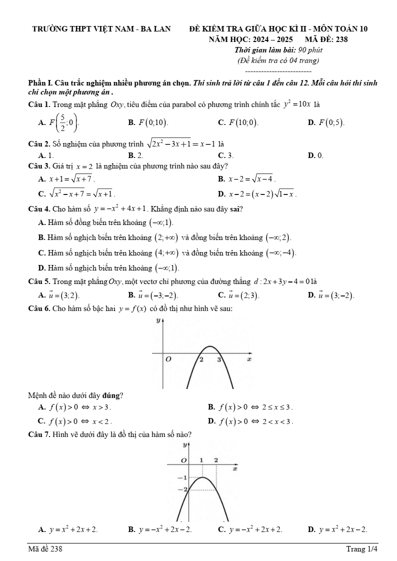 Đề thi Giữa kì 2 Toán 10 trường THPT Việt Nam - Ba Lan (Hà Nội) năm 2024-2025