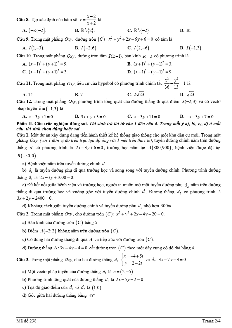 Đề thi Giữa kì 2 Toán 10 trường THPT Việt Nam - Ba Lan (Hà Nội) năm 2024-2025