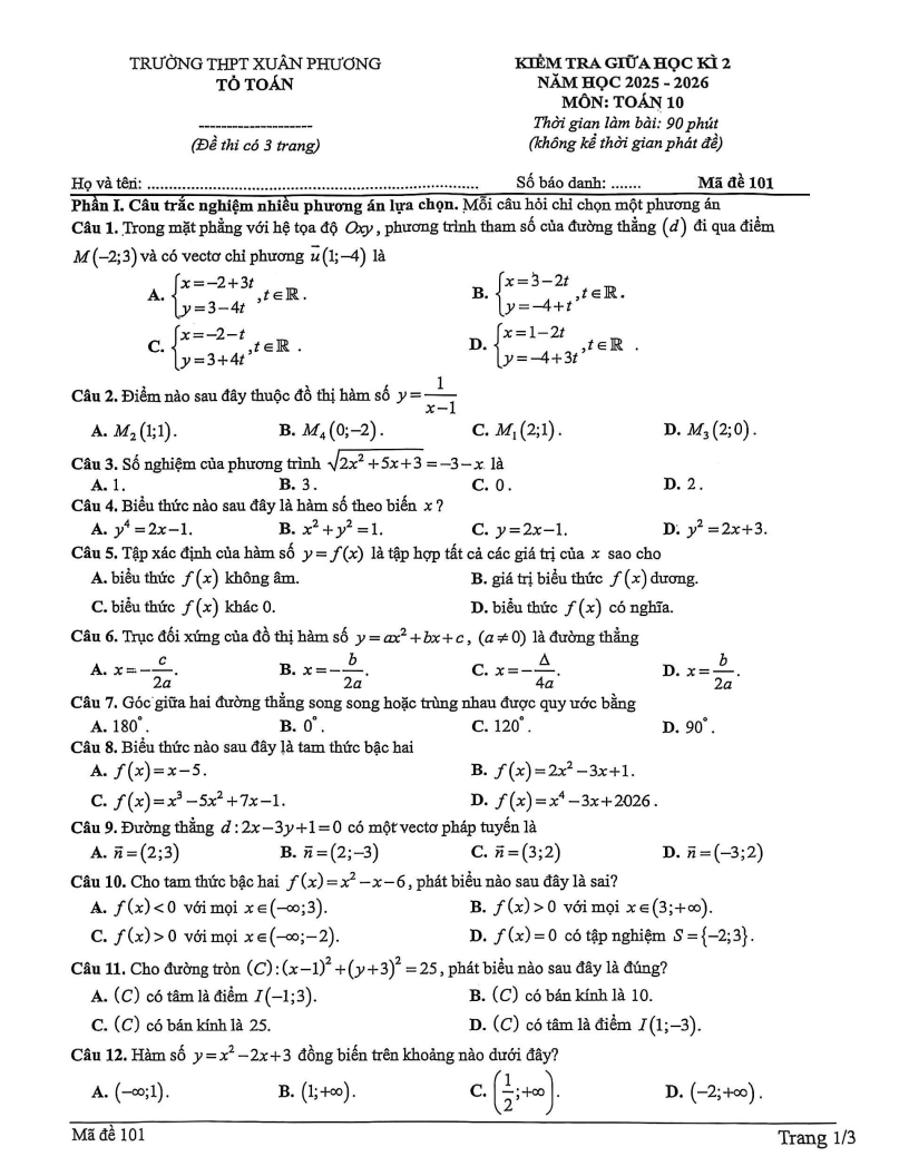 Đề thi Giữa kì 2 Toán 10 trường THPT Xuân Phương (Hà Nội) năm 2025-2026