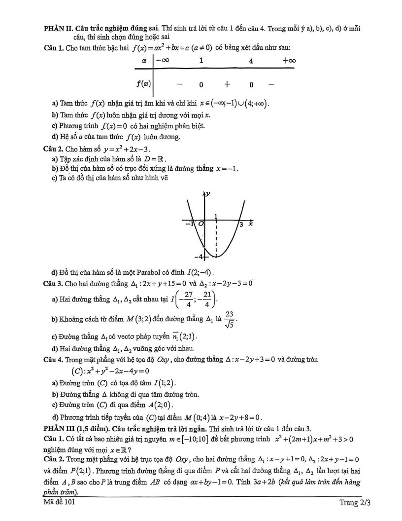 Đề thi Giữa kì 2 Toán 10 trường THPT Xuân Phương (Hà Nội) năm 2025-2026