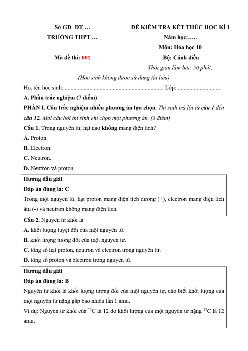 12 Đề thi Học kì 1 Hóa học 10 Cánh Diều năm 2025 (có đáp án)