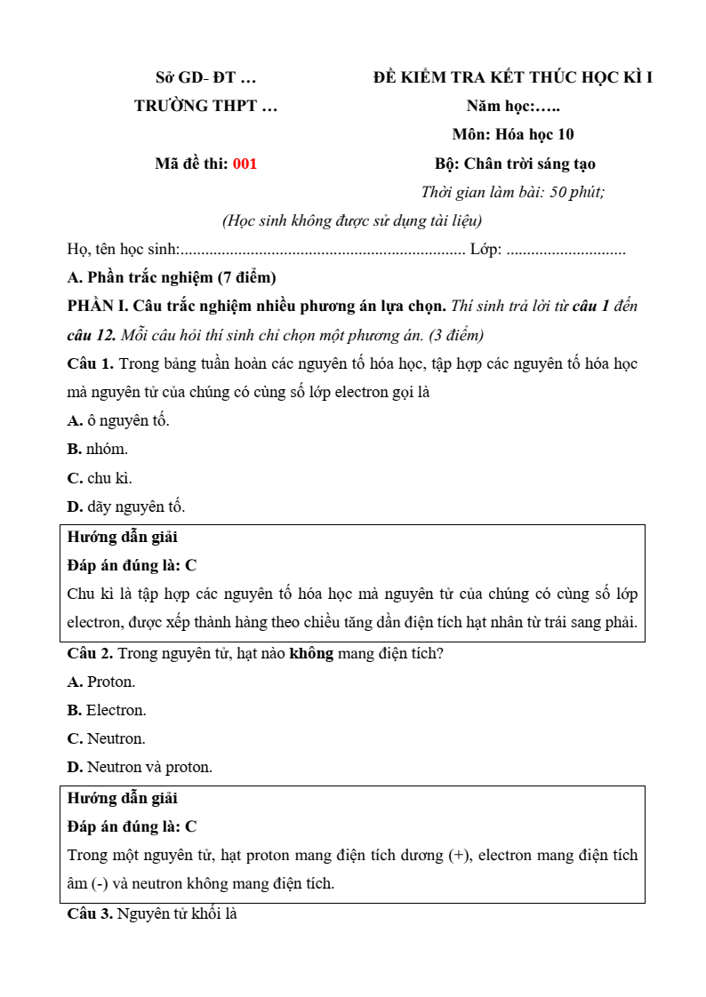 12 Đề thi Học kì 1 Hóa học 10 Chân trời sáng tạo năm 2025 (có đáp án)