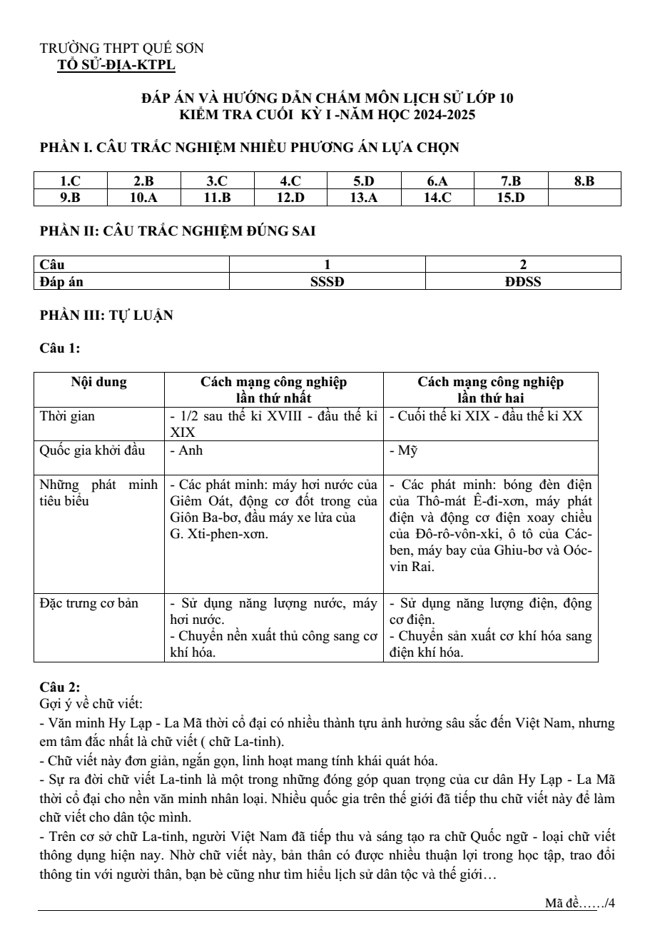 Đề thi Học kì 1 Lịch Sử 10 năm 2024-2025 trường THPT Quế Sơn (Quảng Nam)