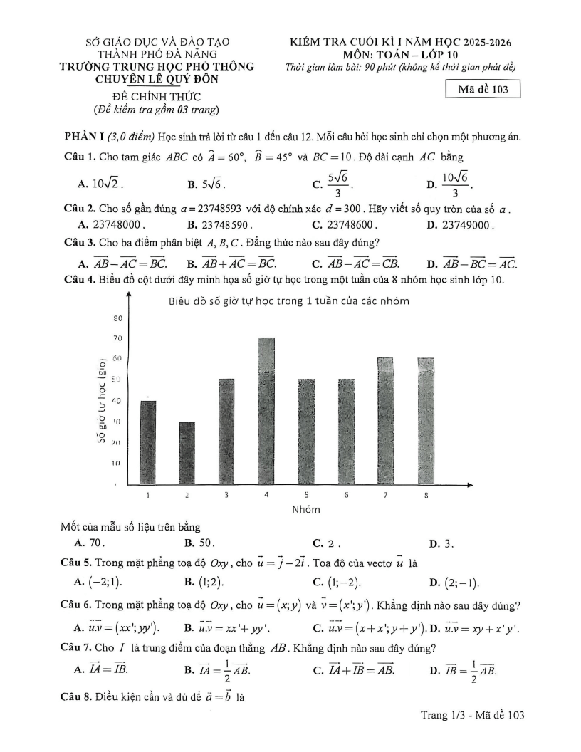Đề thi Học kì 1 Toán 10 trường chuyên Lê Quý Đôn (Đà Nẵng) năm 2025-2026