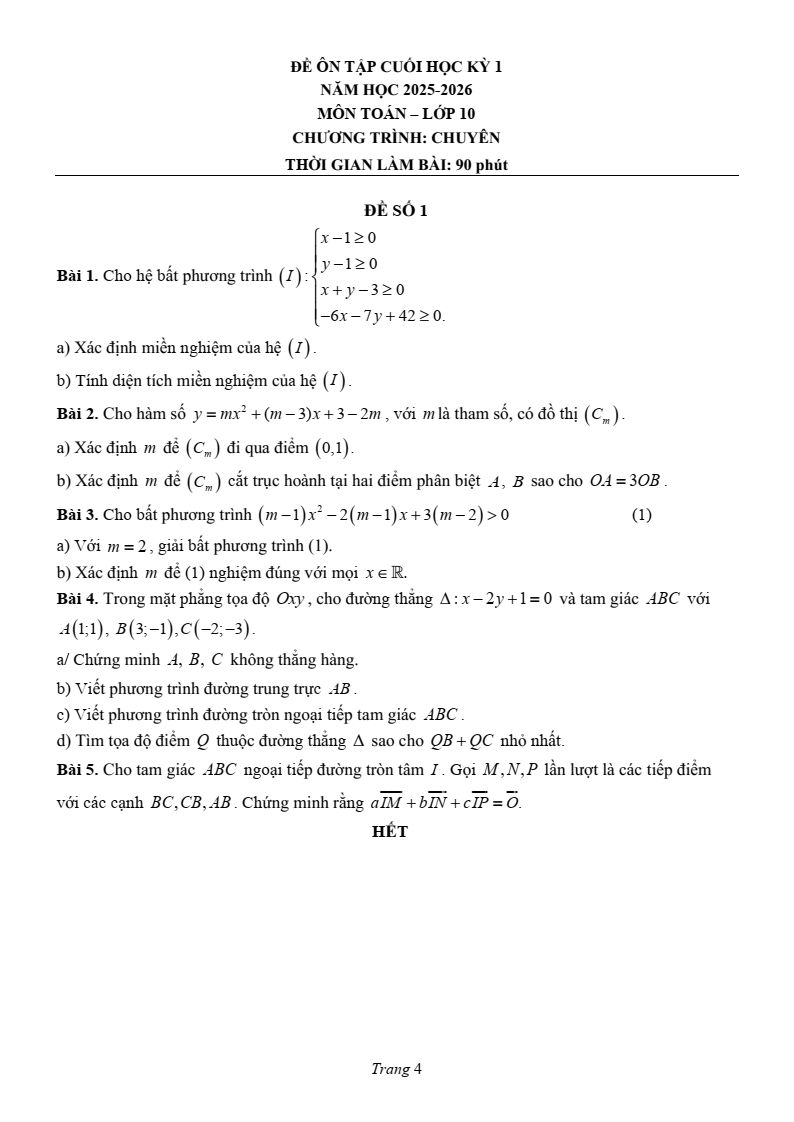 Đề thi Học kì 1 Toán 10 trường chuyên Lương Văn Chánh năm 2025-2026
