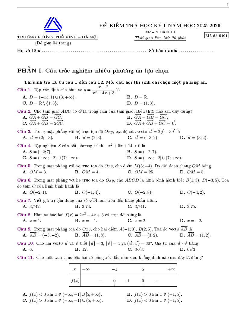 Đề thi Học kì 1 Toán 10 trường Lương Thế Vinh năm 2025-2026