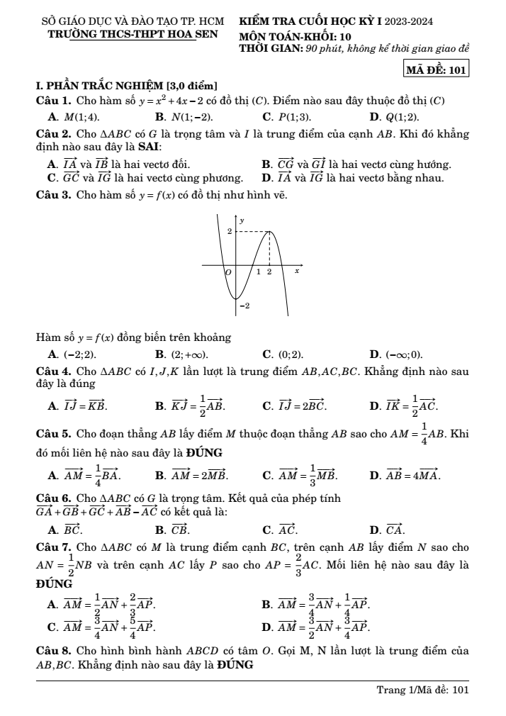 Đề thi Học kì 1 Toán 10 năm 2023-2024 trường THCS – THPT Hoa Sen (Tp.HCM)