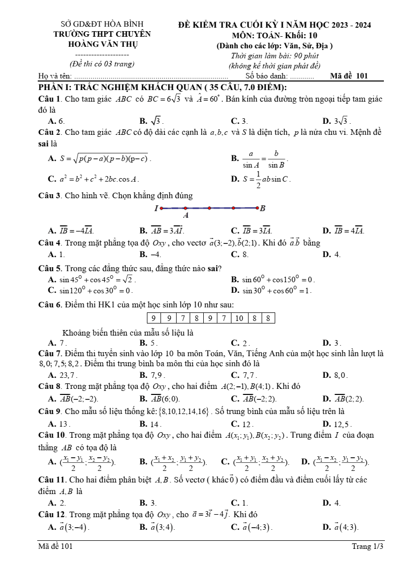 Đề thi Học kì 2 Toán 10 năm 2023-2024 trường chuyên Hoàng Văn Thụ (Hòa Bình)