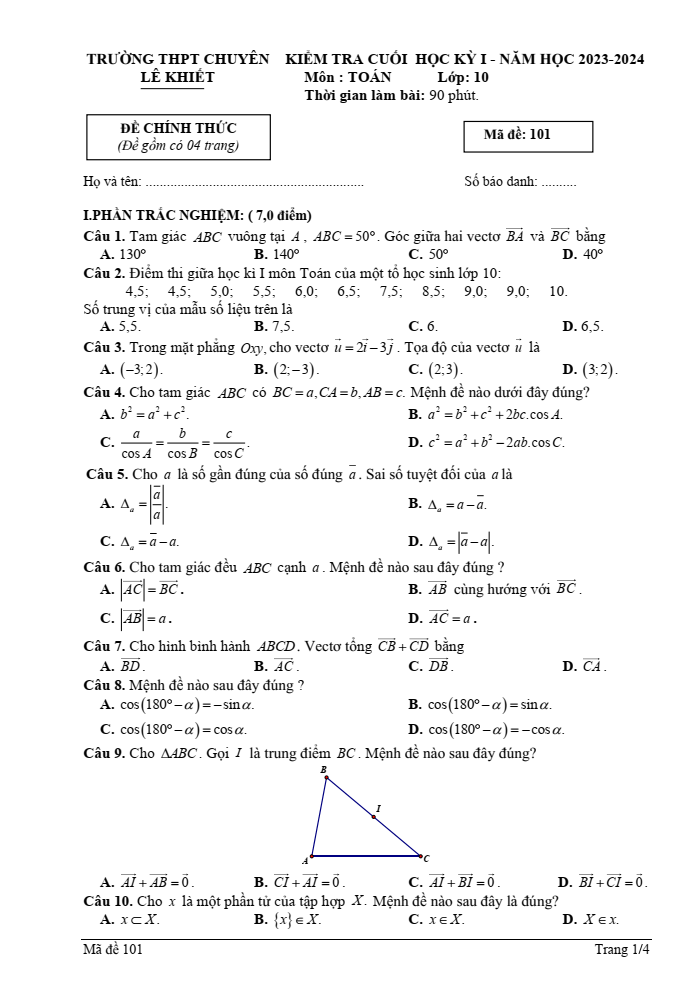 Đề thi Học kì 2 Toán 10 năm 2023-2024 trường chuyên Lê Khiết (Quảng Ngãi)