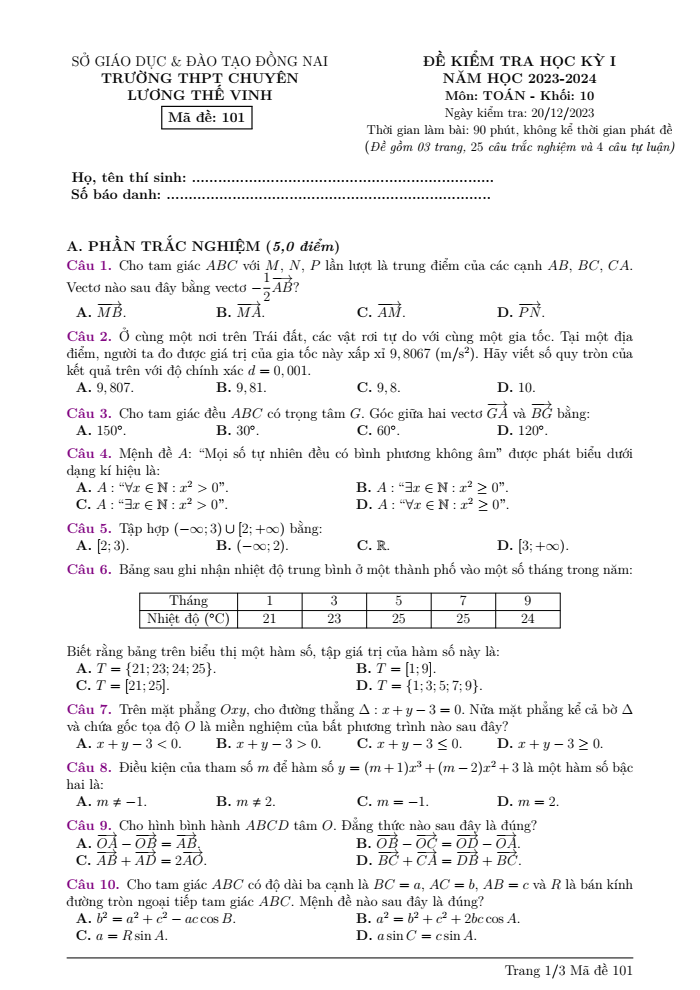Đề thi Học kì 2 Toán 10 năm 2023-2024 trường chuyên Lương Thế Vinh (Đồng Nai)