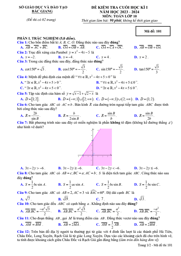 Đề thi Học kì 2 Toán 10 năm 2023-2024 sở GD&ĐT Bắc Giang