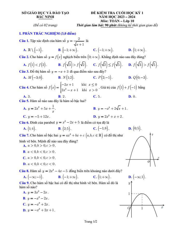 Đề thi Học kì 1 Toán 10 năm 2023-2024 sở GD&ĐT Bắc Ninh