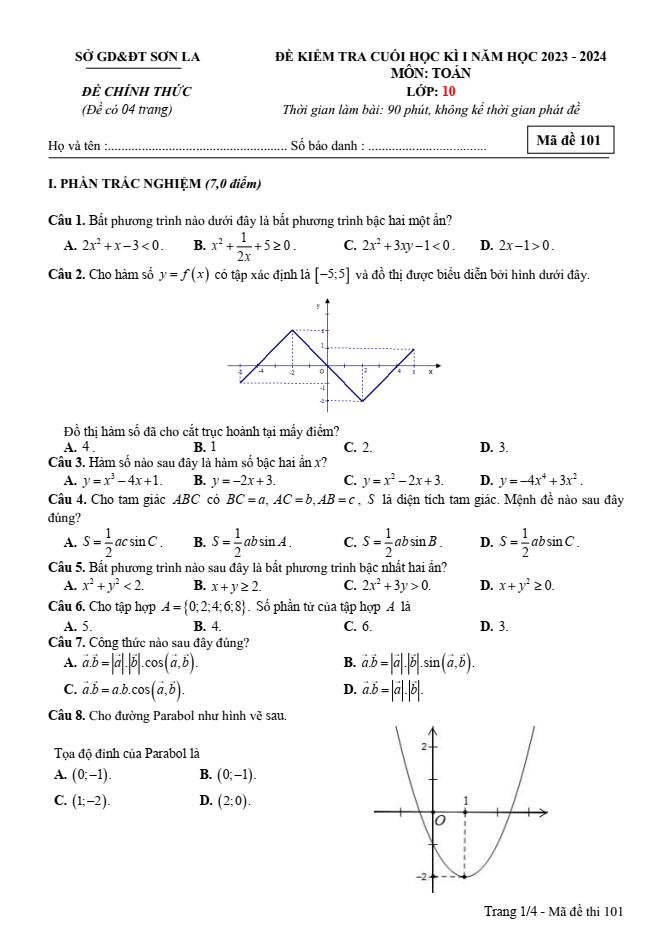 Đề thi Học kì 1 Toán 10 năm 2023-2024 sở GD&ĐT Sơn La