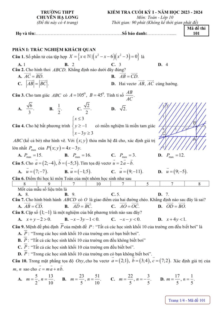 Đề thi Học kì 2 Toán 10 năm 2023-2024 trường THPT chuyên Hạ Long (Quảng Ninh)