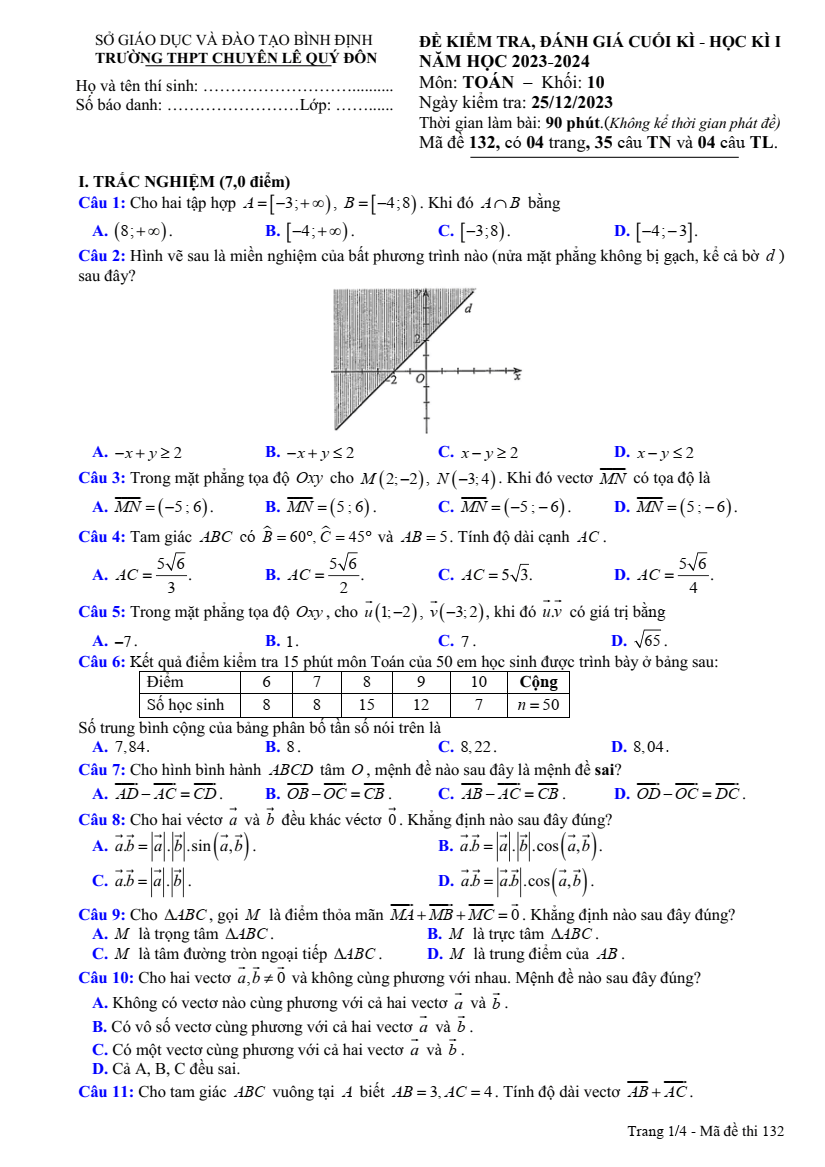 Đề thi Học kì 2 Toán 10 năm 2023-2024 trường THPT chuyên Lê Quý Đôn (Bình Định)