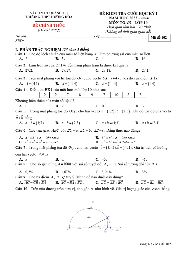 Đề thi Học kì 1 Toán 10 năm 2023-2024 trường THPT Hướng Hóa (Quảng Trị)