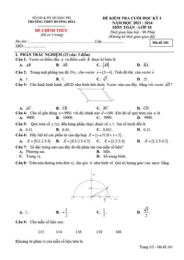Đề thi Học kì 1 Toán 10 năm 2023-2024 trường THPT Hướng Hóa (Quảng Trị)