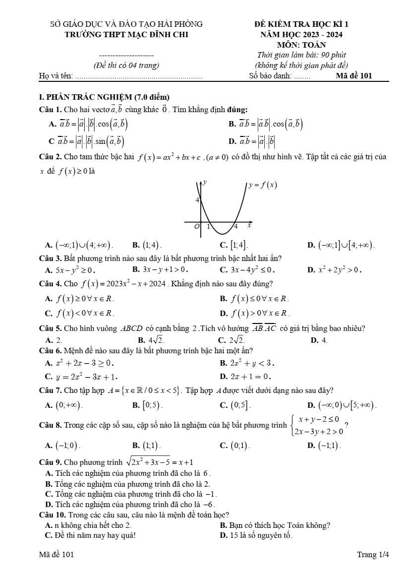 Đề thi Học kì 2 Toán 10 năm 2023-2024 trường THPT Mạc Đĩnh Chi (Hải Phòng)