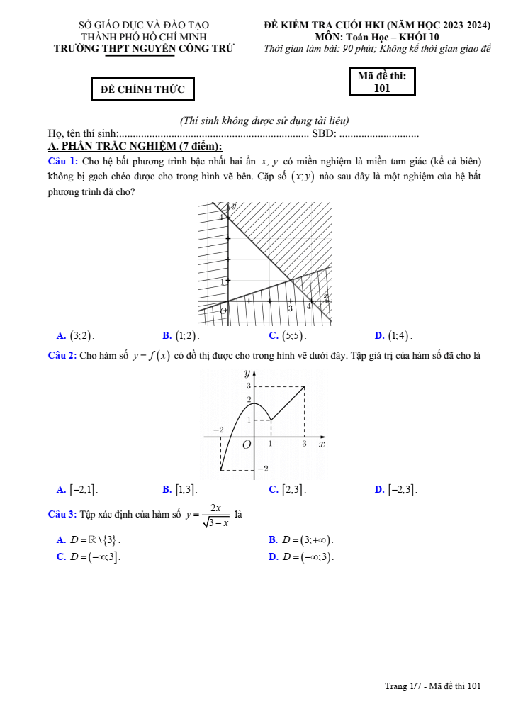 Đề thi Học kì 1 Toán 10 năm 2023-2024 trường THPT Nguyễn Công Trứ (Tp.HCM)