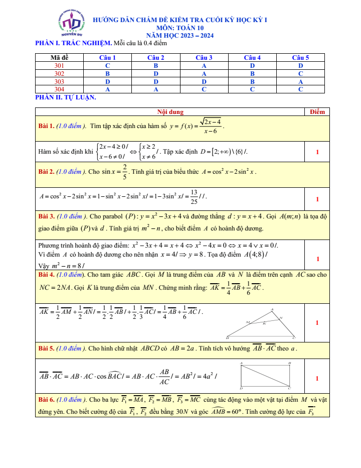 Đề thi Học kì 1 Toán 10 năm 2023-2024 trường THPT Nguyễn Du (Tp.HCM)