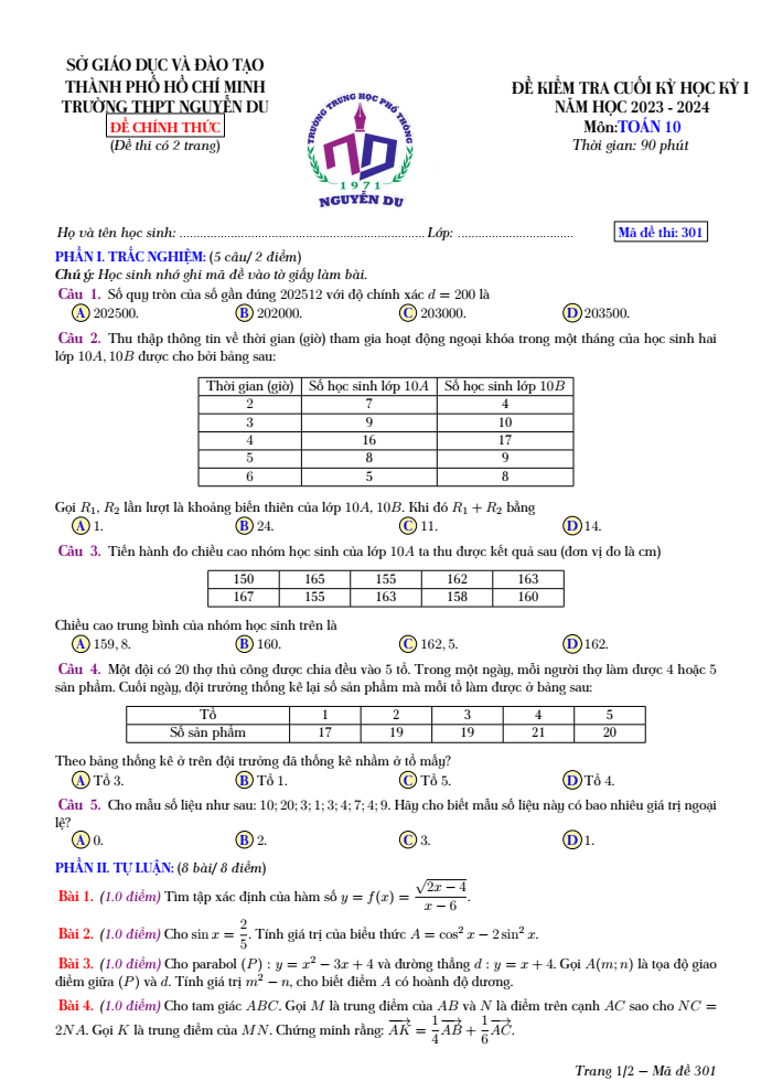 Đề thi Học kì 1 Toán 10 năm 2023-2024 trường THPT Nguyễn Du (Tp.HCM)