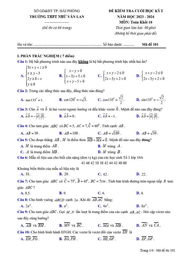 Đề thi Học kì 2 Toán 10 năm 2023-2024 trường THPT Nhữ Văn Lan (Hải Phòng)