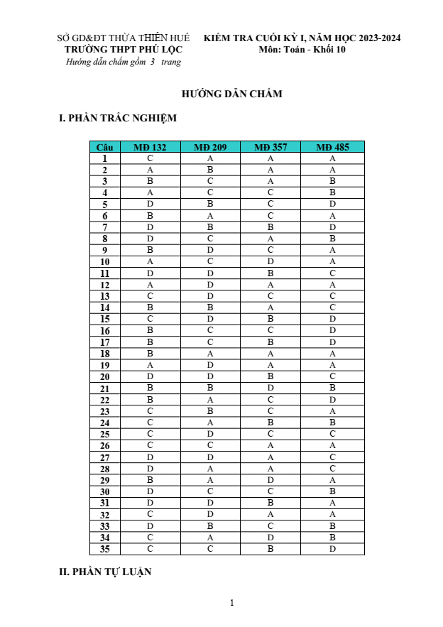 Đề thi Học kì 1 Toán 10 năm 2023-2024 trường THPT Phú Lộc (Huế)