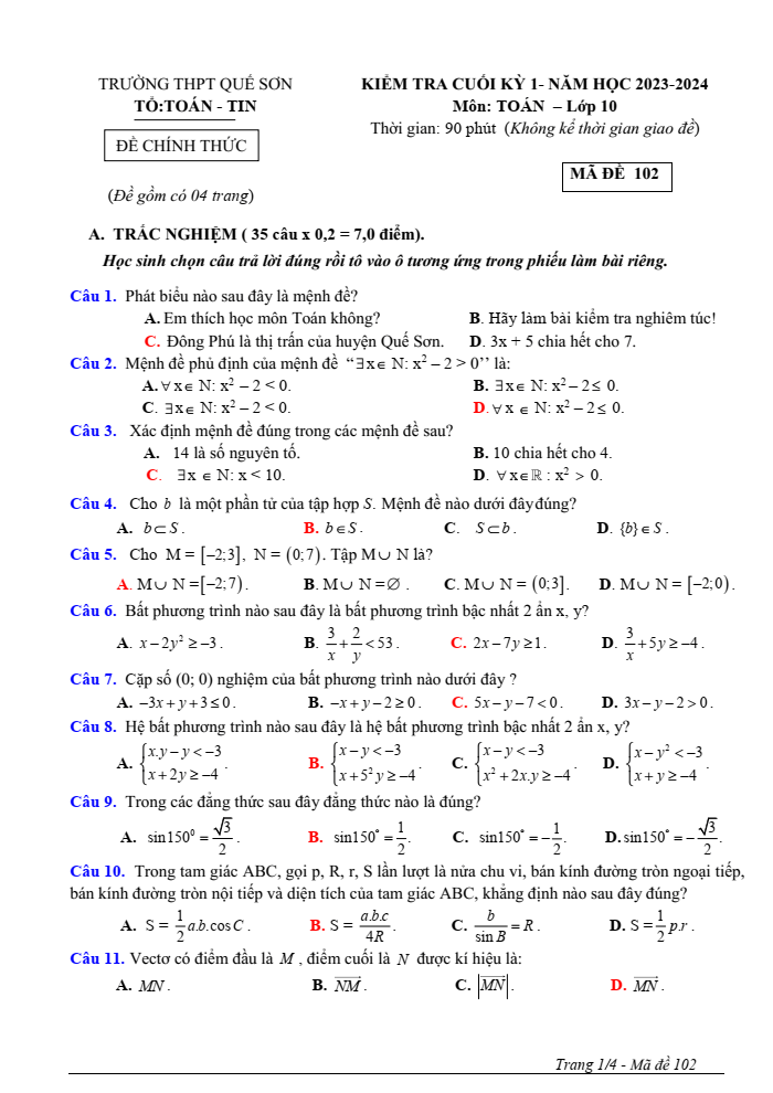Đề thi Học kì 1 Toán 10 năm 2023-2024 trường THPT Quế Sơn (Quảng Nam)