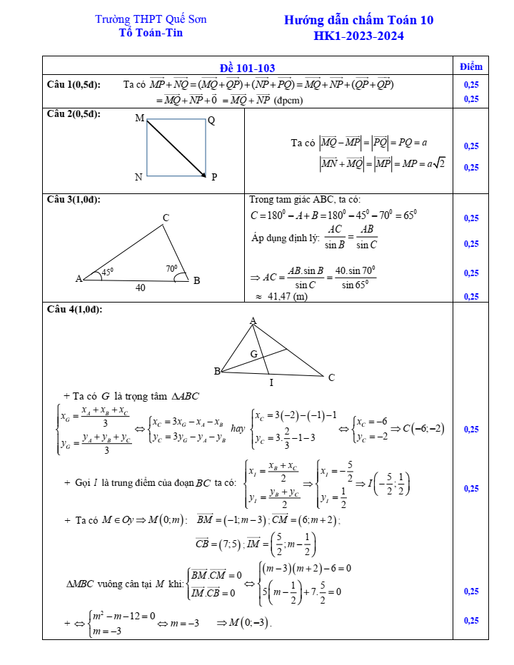 Đề thi Học kì 1 Toán 10 năm 2023-2024 trường THPT Quế Sơn (Quảng Nam)