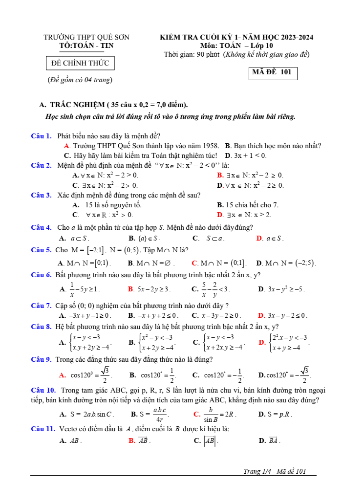 Đề thi Học kì 1 Toán 10 năm 2023-2024 trường THPT Quế Sơn (Quảng Nam)