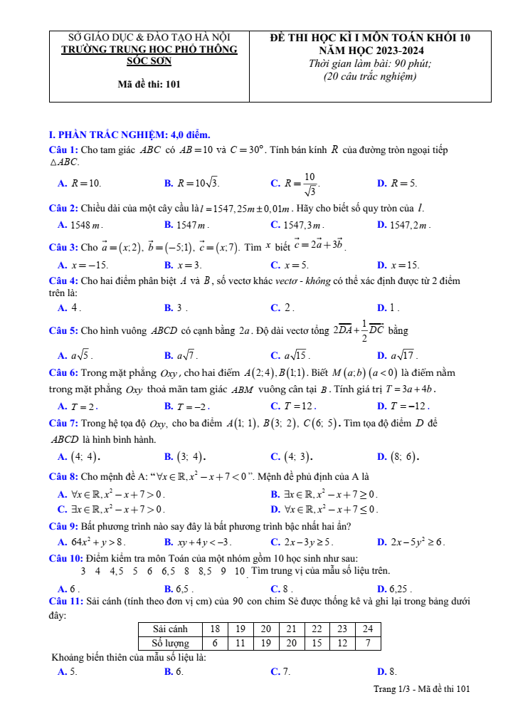 Đề thi Học kì 2 Toán 10 năm 2023-2024 trường THPT Sóc Sơn (Hà Nội)