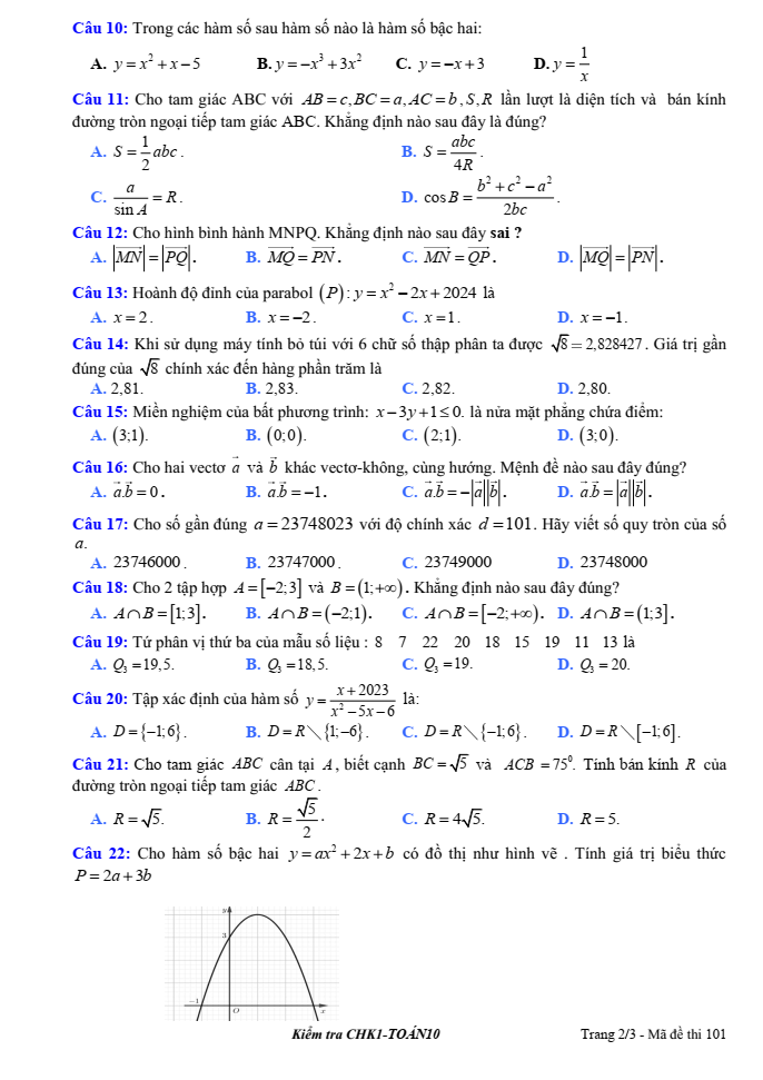 Đề thi Học kì 1 Toán 10 năm 2023-2024 trường THPT Tân Bình (Tp.HCM)