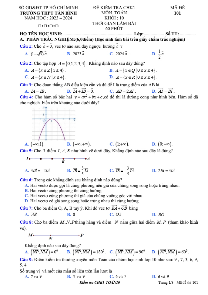 Đề thi Học kì 1 Toán 10 năm 2023-2024 trường THPT Tân Bình (Tp.HCM)