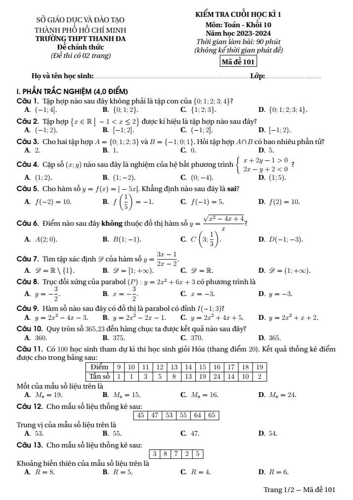 Đề thi Học kì 1 Toán 10 năm 2023-2024 trường THPT Thanh Đa (Tp.HCM)