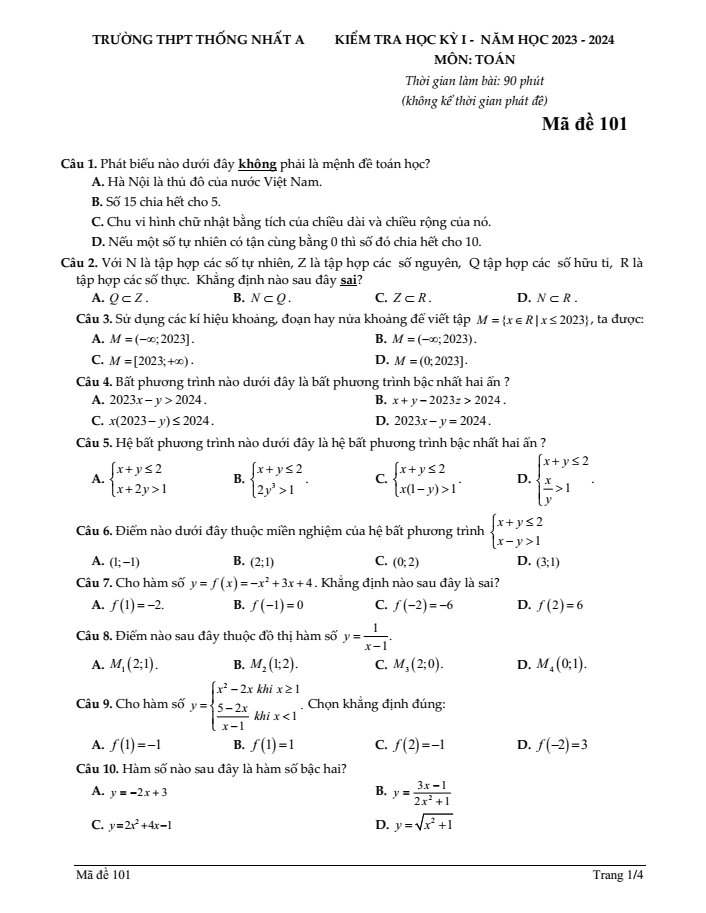 Đề thi Học kì 1 Toán 10 năm 2023-2024 trường THPT Thống Nhất A (Đồng Nai)