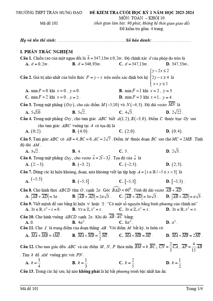 Đề thi Học kì 2 Toán 10 năm 2023-2024 trường THPT Trần Hưng Đạo (Đắk Lắk)