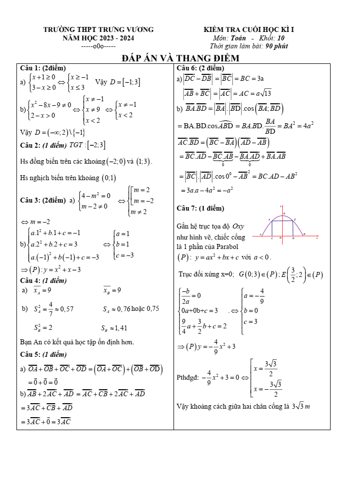 Đề thi Học kì 1 Toán 10 năm 2023-2024 trường THPT Trưng Vương (Tp.HCM)