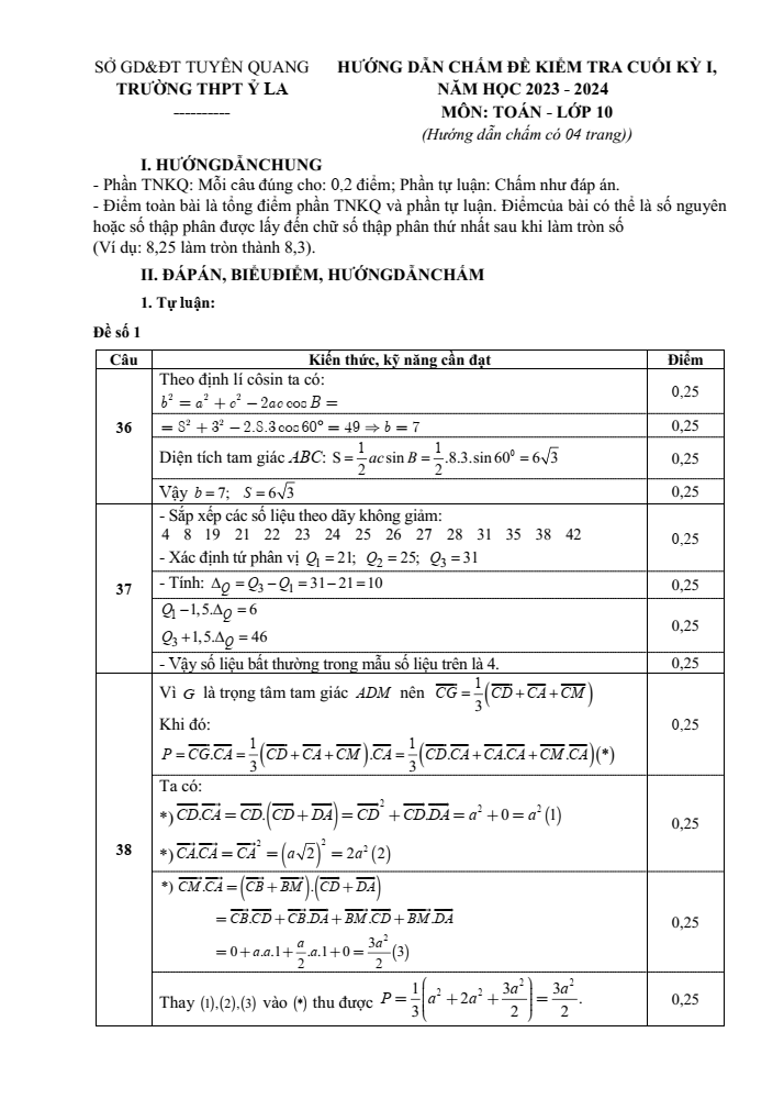 Đề thi Học kì 1 Toán 10 năm 2023-2024 trường THPT Ỷ La (Tuyên Quang)