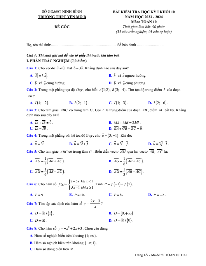 Đề thi Học kì 1 Toán 10 năm 2023-2024 trường THPT Yên Mô B (Ninh Bình)