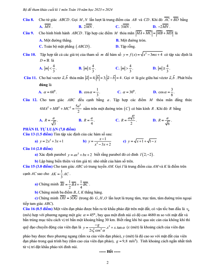 Đề thi Học kì 2 Toán 10 năm 2023-2024 trường Thuận Thành 1 (Bắc Ninh)