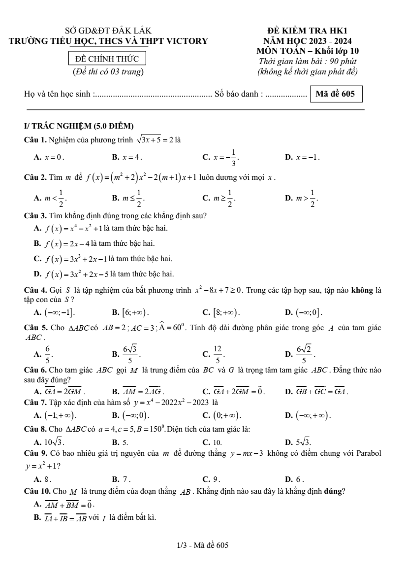 Đề thi Học kì 2 Toán 10 năm 2023-2024 trường Victory (Đắk Lắk)