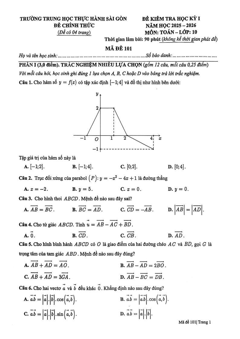 Đề thi Học kì 1 Toán 10 trường TH Thực hành Sài Gòn năm 2025-2026