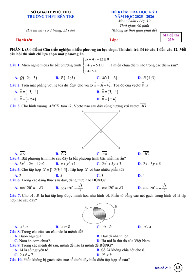 Đề thi Học kì 1 Toán 10 trường THPT Bến Tre năm 2025-2026