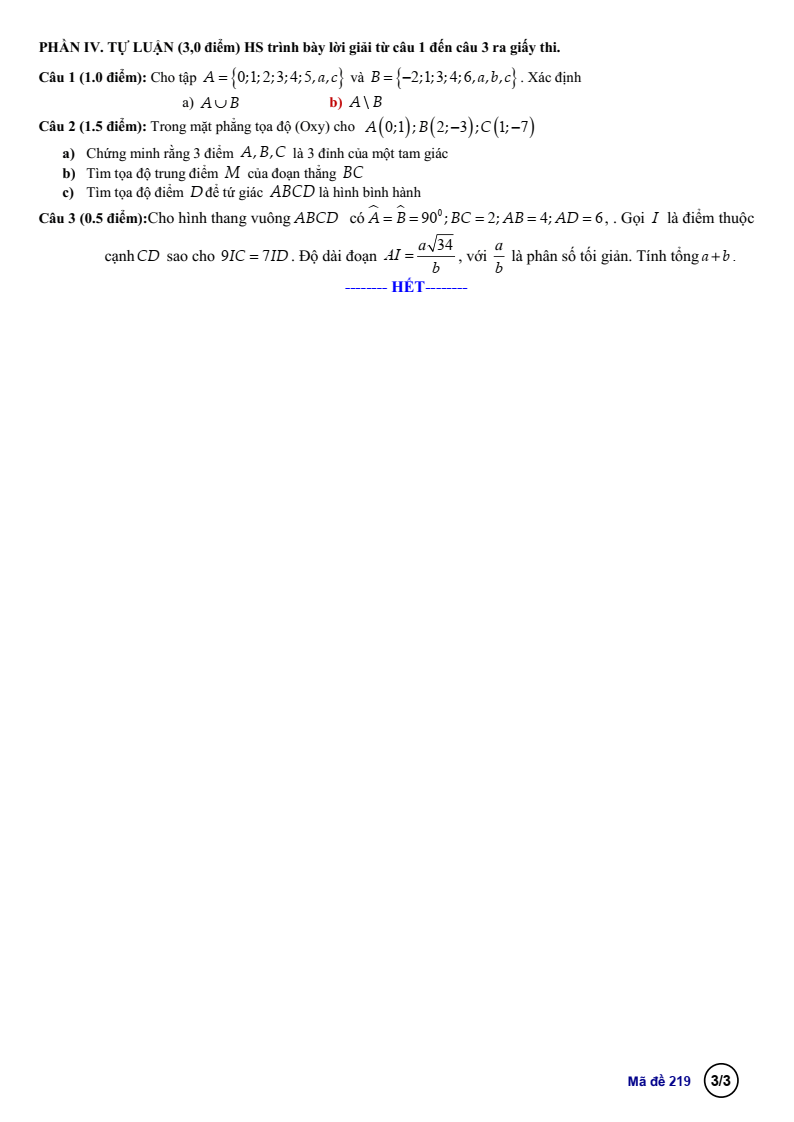 Đề thi Học kì 1 Toán 10 trường THPT Bến Tre năm 2025-2026