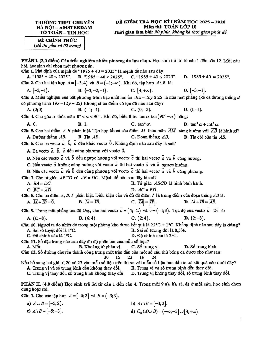 Đề thi Học kì 1 Toán 10 trường THPT chuyên Hà Nội – Amsterdam năm 2025-2026